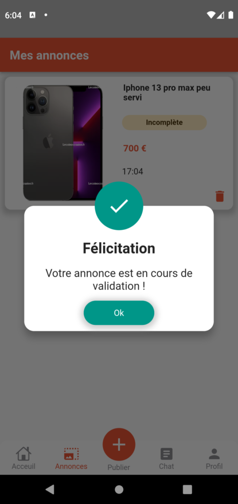 Dépôt d'annonce avec succès sur l'application le bon coin occasion